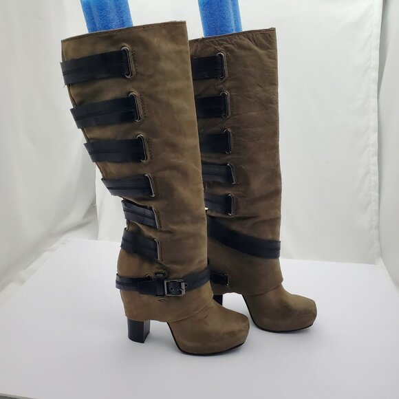 Unique Distressed Olive Green Leather Combat/Moto Boots | Multi-Strap Buckle 8.5 - Picture 1 of 11